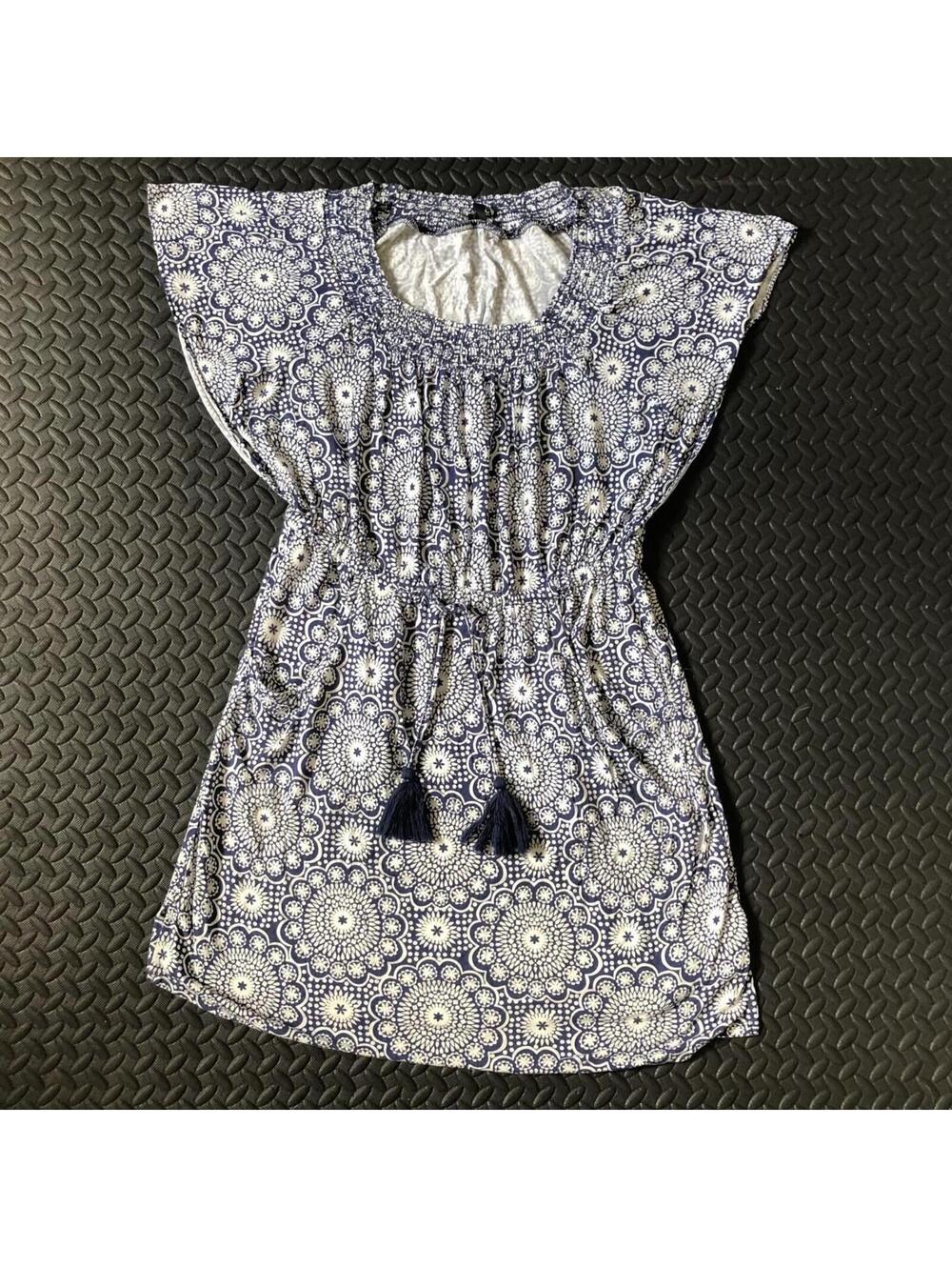 Talbots Navy and White Patterned Dress with Tassel Tie - Size Small